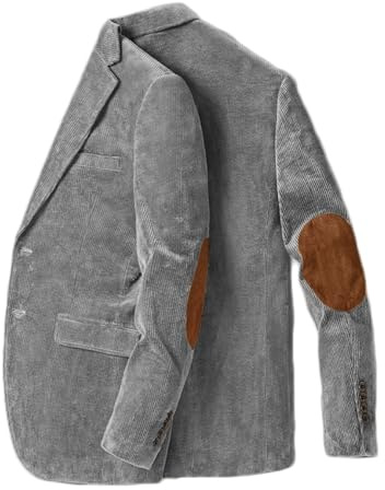 Stillluxury Veste en velours à patch au coude pour homme, veste de sport décontractée à revers à simple boutonnage, veste de mariage, gris clair, L