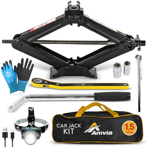 Car Jack Kit | Scissor Jack for Car 1,5 Ton (3,300 lbs) - Tire Jack Tool Kit | Portable, Ideal for SUV and Auto - Universal Kit with Lug Wrench | Heavy Duty Material
