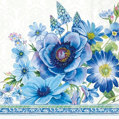 20 Servietten Blumen Blaue Blumenwelt als Tischdeko. Papierservietten mit Motiv. Auch für Decoupage und Serviettentechnik 33x33cm