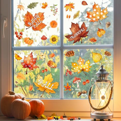 AIBIIN Herbst-Fensteraufkleber, lebhaftes Ahornblätter-Design, Herbst-Fensteraufkleber für Glastüren, Heimdekoration, wiederverwendbar, statisch, keine Rückstände, Thanksgiving, Halloween, saisonale