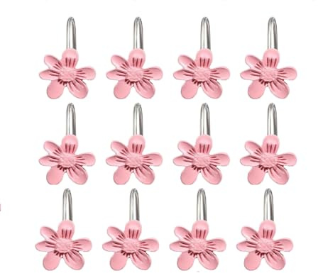 SUQ I OME Shower Curtain Hooks,12PCS Pink Small Flower Resin Shower Curtain Hooks Rings for Bathroom Baby Room