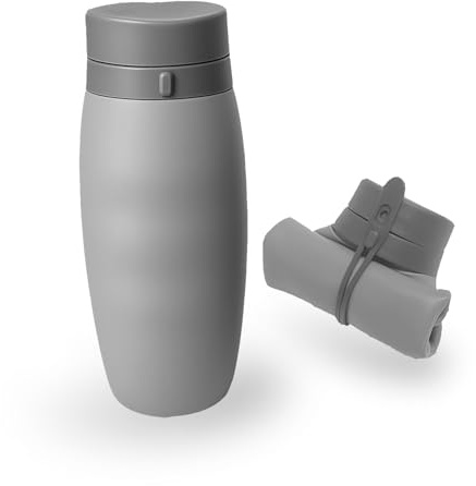 VEDA Collapsible Silicone Water Bottle – 600ml Foldable & Reusable Sports Bottle – Leak-Resistant, Squeeze-to-Drink Design – Dishwasher Friendly – for Gym, Travel, Hiking & Camping – Grey
