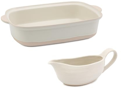 Jamie Oliver Big Love Epic Bräter-Set, Steingutbräter, Seitengriffe, 39 x 25 x 8 cm, weiße Steingut-Sauciere, mikrowellen-, spülmaschinen-, backofenfest, 23 x 8 x 10 cm, 400 ml