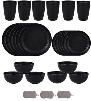 Juego de Vajilla de Plástico Cuencos Platos y Vasos Irrompibles Cubiertos Reutilizables Apto Para Microondas y Lavavajillas Ideal Para Picnics Viajes y Fiestas Navideñas (Negro, Juego de 24)