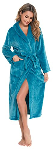 Vlazom Ladies Dressing Gown, Flannel Soft Robe Warm Fluffy Bathrobes with Hooded or Shawl Collar Long Robe for Cold Day UK 6-28