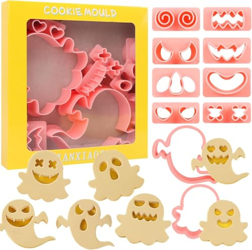 VEYLIN Halloween PP Plastik Biskuit Formen - 10 Stück Gespenst Design mit Loch- und Gesichtsausdrücken, Keksstempel Set