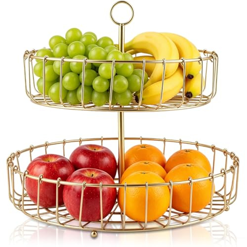 equlup 2 Tier Fruit Basket Bowl, 30.3x27cm Round Household Snack Storage Tray Portable Fruit Vegetable Storage Organizer for Party Countertop Kitchen