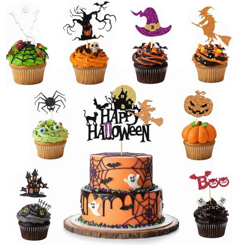 17 Stück Halloween Cupcake Topper, Glitzer Halloween Tortendeko Katze, Fledermaus Muffin Deko, Kuchendeko Fruit Picks, Picks und Geist Dekor für Party Cupcake Dekorationen