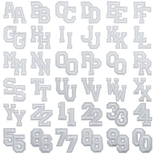 Allazone Patches zum Aufbügeln, Buchstaben und Zahlen Flicken zum Aufbügeln, A-Z und 0 to 9 Flicken Patches für Hut Jeans Kleidung Rucksäcke DIY-Zubehör, Weiß