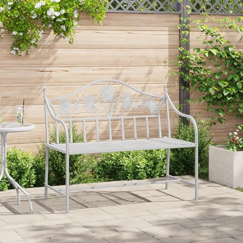 Qnhdfrt Weiße Metall Gartenbank Outdoor Robust Vintage Design 104x52.5x89cm Rechteckig Matt mit Blumen- und Vogelmustern für Garten Balkon Terrasse Sitzgelegenheit für 3 Personen