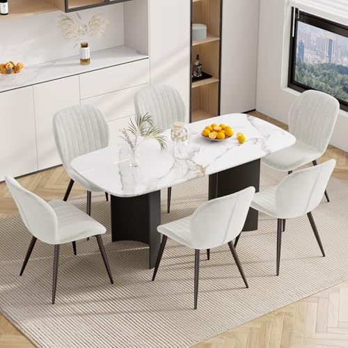 Hawthyhome Esszimmerstühle 6er Set, Küchenstuhl, Stuhl Esszimmer Wohnzimmer, ergonomischer Sessel, Armlehnstuhl, Polsterstuhl, Wasserdichtes Material,Metallbeine, Samt, Creme