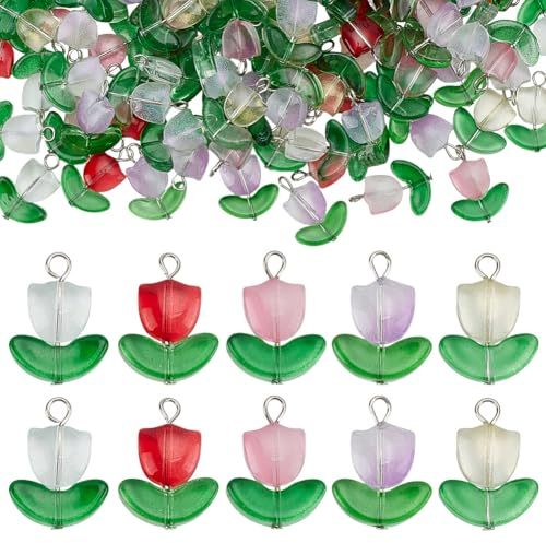 PLIGREAT 100 Pcs Tulip Flower Beads for Jewelry Making, Glass Flowers Charms 5 Colors Transparent Floral Dangle Charm Handcrafted Pink Flower with Leaf Pendent for DIY Bracelet Necklace Jewelry Making