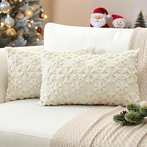 JOTOM 2er Set Weihnachten Kissenbezüge, Plüsch Kurze Wolle Dekorativ Zierkissenbezüge Schneeflocken Kissenhüllen Sofakissen Kissenbezug Weihnachtsdeko für Wohnzimmer Garten (30x50cm, Creme Beige)