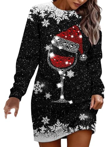 Weihnachtskleid Damen, Weihnachtskleid Damen Weihnachten Kleid Pulloverkleid Weihnachtskleider Mit Rot Weinglas Muster Minikleid Weihnachtskostüme Winter Weihnachtsbluse Weihnachtsoutfit, Schwarz