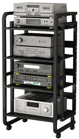 Adjustable Height Rack Mount Shelf For Amplifier, HIFI Record Player 3/4Tier Stereo Equipment Stand For AV Receiver, CD Player Printer On Casters For Easy Mobility(Black,90 * 50 * 42.5cm(4Tier))