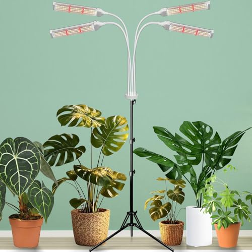 Secefeao Pflanzenlampen LED Vollspektrum, Pflanzenleuchte Pflanzenlicht mit Ständer Pflanzen LED Wachstumslampe für Pflanzen mit Zeitschaltuhr 3 Farbmodi 10 Lichtstärken (4 Köpfe)