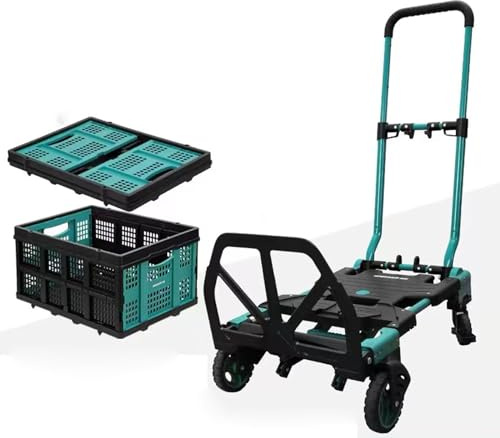 Faltbarer Handwagen mit Klappkorb, 4-Rad Rollwagen Mehrzweckwagen, Stapelwagen mit Teleskopgriff, 140 kg Tragkraft, Tragbarer Garten & Strandwagen