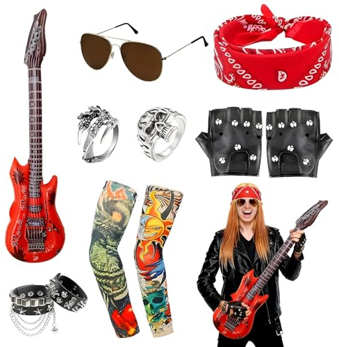 ZoneYan Rocker Kostüm Zubehör, 80er Rock Kostüm, 90er Rockstar Kostüme, Rocker Gitarre, Tattoo-Ärmel, Ringe, Brille, Rock Bandana, Armbänder, Handschuhe, Gothic Punk Outfit, 70er Faschingskostüme