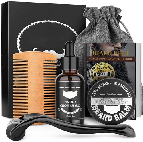 Beard Grooming Kit for Men,Valentines Gifts for Him,Beard Oil & Balm & Brush & Roller,Beard Grooming Kit for Men,Gentle Care,Mens Gift Set,Dad/Boyfriend/Father