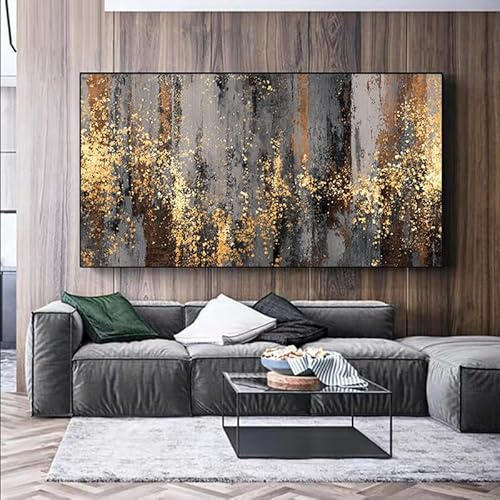 UUDEZO Abstrakt modernt metalleffektmåleri på inramad grå duk - Neutral väggdekoration för vardagsrummet (75 x 150 cm, svart ram)