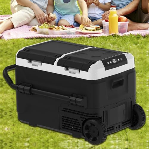 Bärbart bilkylskåp, elektrisk kylbox med dubbla zoner för fordon med hjul, -4℉-68℉ frys smart kontroll via Bluetooth, batteriskydd, 12/24V DC & 100-240V AC 50L