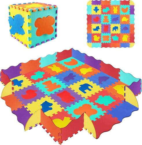 Alfombra Rompecabezas Bebé145 x 145 cm – 36 Piezas de Espuma EVA sin BPA, Borde Convertible en Barrera | Antideslizante, Impermeable | Ideal para rastrear, Juego Interior/Exterior
