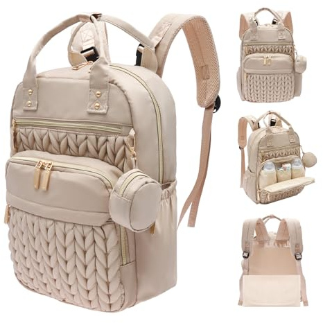 shaojian Baby Changing Bag Backpack, Quilted Waterproof Nappy Bag with Insulated Bottle Pockets & Pram Straps, Large Nappy Backpack with Portable Changing Mat for Travel & Walking(Khaki)