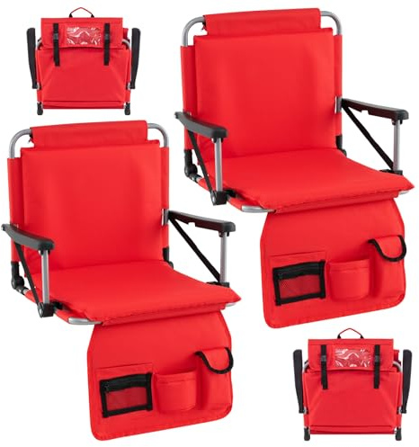 TANGZON Folding Stadium Seats, Portable Bleacher Chair with Back, Padded Cushion, Cup Holder, Back Storage, Mesh Pocket & Shoulder Strap, Lightweight Floor Chair