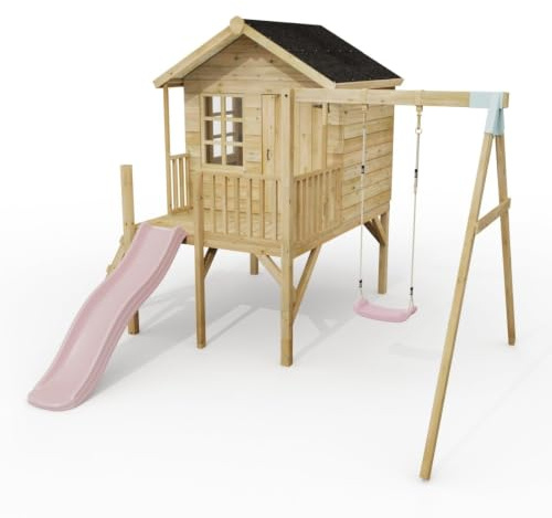 ClassicPlay Premium 5ft Playhouse on Deck with Single Swing and Slide Dusky Pink