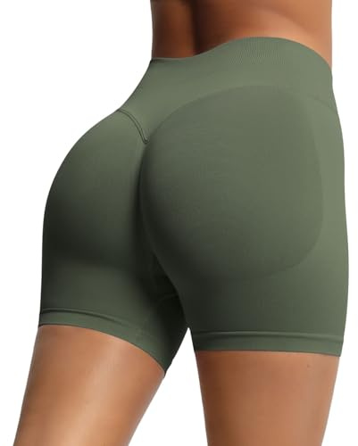 Pantalones cortos de yoga de cintura alta para mujer, para gimnasio, entrenamiento, color verde oliva, cintura alta, ropa deportiva elástica para motociclista, ajuste de meter para rutas de correr