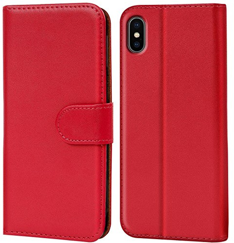 Verco Coque pour Apple iPhone XS, Housse Portefeuille pour iPhone X (10) Etui en Cuir Synthétique Fonction Stand Case, Rouge