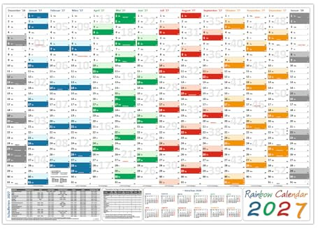 Rainbow Wandkalender Wandplaner 2027 gefaltet DIN A1 Format (594 x 841 mm) mit 14 Monaten