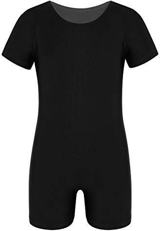 inlzdz Unisex Kinder Kurzarm Turnanzug Jungen Mädchen Gymnastikanzug Ballett Trikot Leotard Tanzbody mit Shorts Gymnastikbody Gr.104-164 Schwarz 116