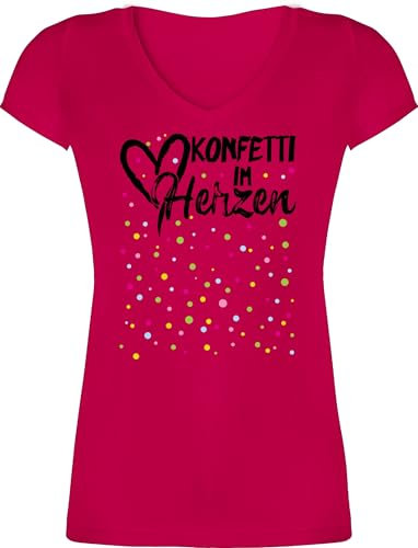 T-Shirt Damen V Ausschnitt - & Fasching - Konfetti im Herzen I Köln Karneval I Confetti - 3XL - Fuchsia - Tshirt Herz faschingsshirt Faschings Fastnacht Coole-Fun-t-Shirts karnevalsshirts Karnevals