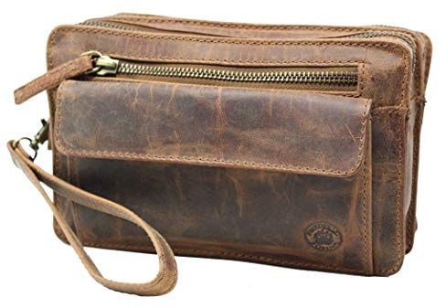 Frédéric Johns Sacoche vide poche cuir vintage homme - vide poches cuir véritable - sacoche vintage - sac dragonne main - sacoche porté main (Marron) (Brun 1)