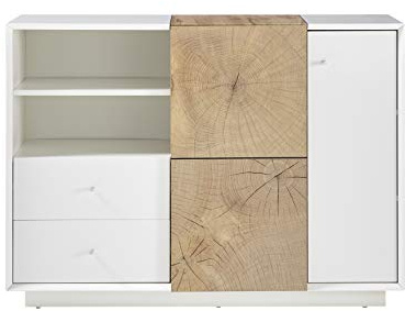 Robas Lund Wohnzimmerschrank Kommode weiß matt, Wohnzimmerschrank mit Absetzung Eiche Hirnholzoptik, BxHxT 116x83x40 cm, 48381WE2