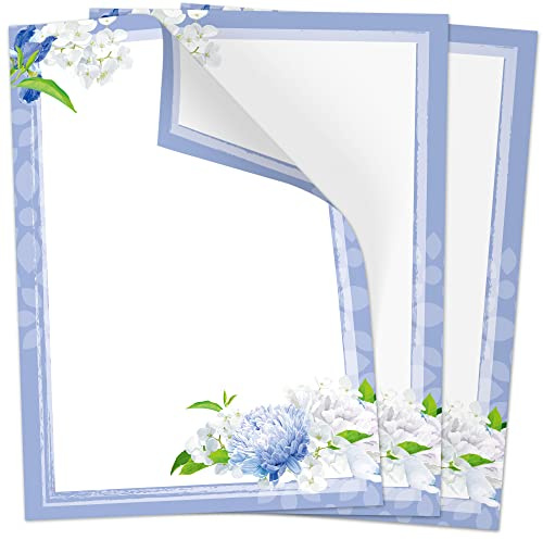 50 Blatt Briefpapier (A4) | Blumen Rahmen blau | Motivpapier | edles Design Papier | beidseitig bedruckt | Osternpapier Motiv Ostern | 90 g/m²