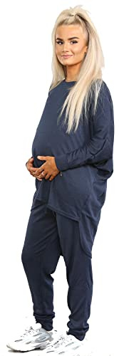 Dam 2-delad träningsoverall set för gravida hög låg topp och underdel för moderskap vardaglig myskläder sweatshirt dam dragsko pyjamasset nattkläder, Marinblått Xsp, M/L