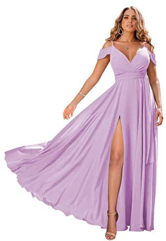 N/ C Fuera del hombro largo vestidos de dama de honor con hendidura gasa una línea plisada vestidos de baile con bolsillos C015, Lila, 44