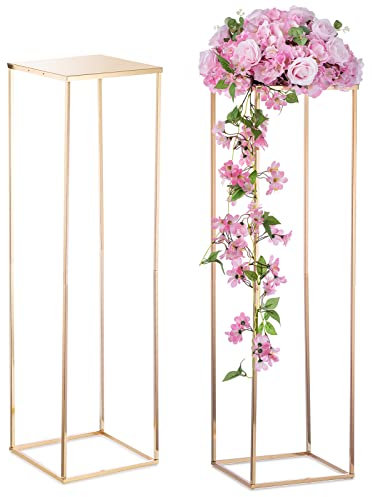 Nuptio Tall Gold Vase Centrepieces - 2 Pcs 100cm Tall Flower Vases Metal Floor Vase Column Geometric Wedding Centerpieces Stands Rectangular Display Rack for Weddings Birthday Party Decorations
