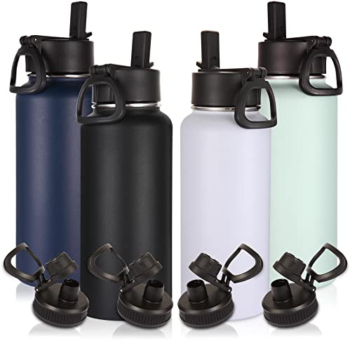 Volhoply 1l Gourde Inox avec Paille 4 Paquets,1 litre Bouteille Isotherme Café Double Paroi avec Deux Couvercles Sans BPA,Bottle Réutilisable en Métal Étanche pour Sport,Adulte(Mélange,4 Set)
