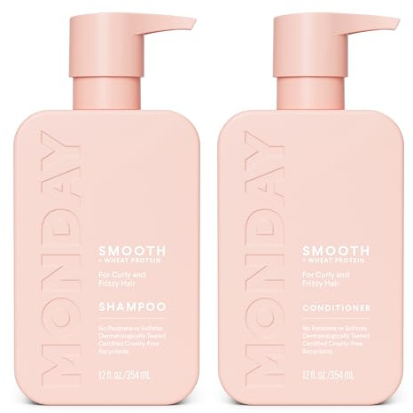 MONDAY HAIRCARE Smooth Shampoo + Conditioner Bathroom Set (2 Count) 12 oz Each For Frizzy, Coarse & Curly Hair Made with Coconut Oil, Shea Butter & Vitamin E 100% Recyclable Bottle Pink