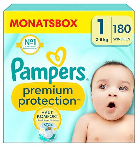 Pampers Premium Protection Größe 1, 180 Windeln, 2kg-5kg, Doppelter Schutz für die Haut und vor Auslaufen