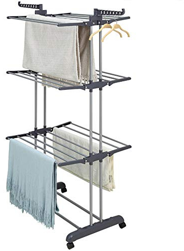 OHMG Séchoir à Linge étendoir,Etendoir Linge Pliable avec roulettes, Sechoir à Linge étendoir Pliable&Extensible Ailes latérales sur 3 Niveaux Inoxydable