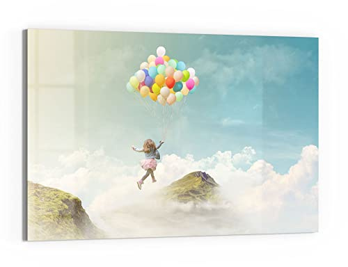 DEQORI Glas-Magnettafel | 90x60 cm groß | Motiv Mädchen an Luftballons | Memo-Board aus Glas | Magnetboard inkl. Magnete, Stift & Tuch für Küche & Büro | Tafel magnetisch & beschreibbar