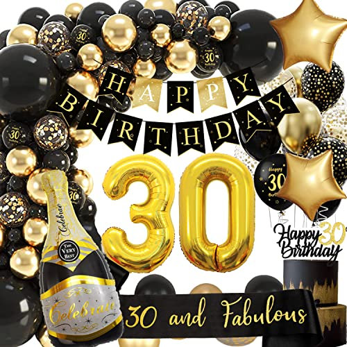 30 Geburtstag Deko Mann Frauen, Geburtstagsdeko 30, Schwarz Gold Deko mit Happy Birthday Girlande für 30 Männer Geburtstag Dekorationen