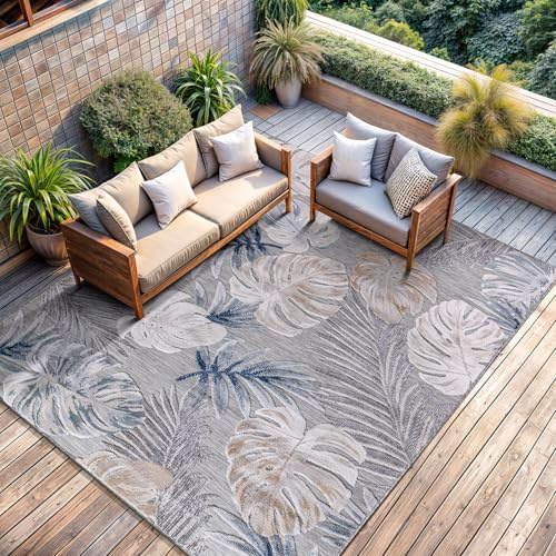 CAMILSON Indoor Outdoor Rug, Blue 5x7 Leaf Tropical Botanical Area Rugs for Indoor and Outdoor patios, Easy-Cleaning Non-Shedding Living Room, Garden and Kitchen Washable Outside Carpet (5 x 7)