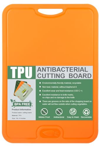 Planche à découper flexible avec rainures à jus, planches à découper en TPU flexible résistant aux rayures, planche de cuisine, sans BPA, passe au lave-vaisselle, antidérapante Orange