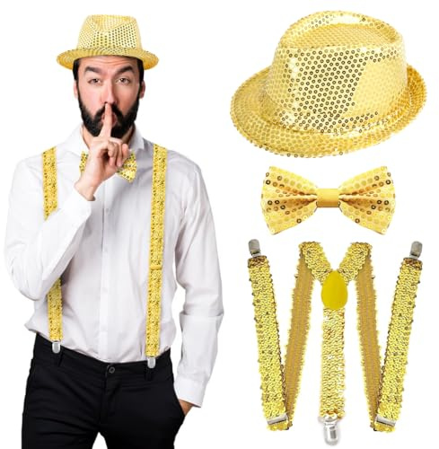 Meleager Disco Karneval Outfit Herren Accessories, Pailletten Hut Gold Set mit Glitzer Fliege und Hosenträger, Glitzer Outfit für Fasching Party,Jazz Dance Performence