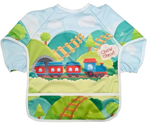 Madrona Brands Train Baby Bib | Long Sleeve Waterproof Smock for Toddlers with Catch Pocket | Fits Kids 1-3 Years